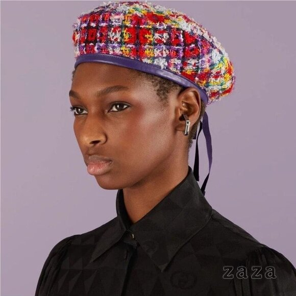 NWT GUCCI LAME BERET CAP Check Lame Sz Multicolour Violet Tweed - Picture 1 of 14